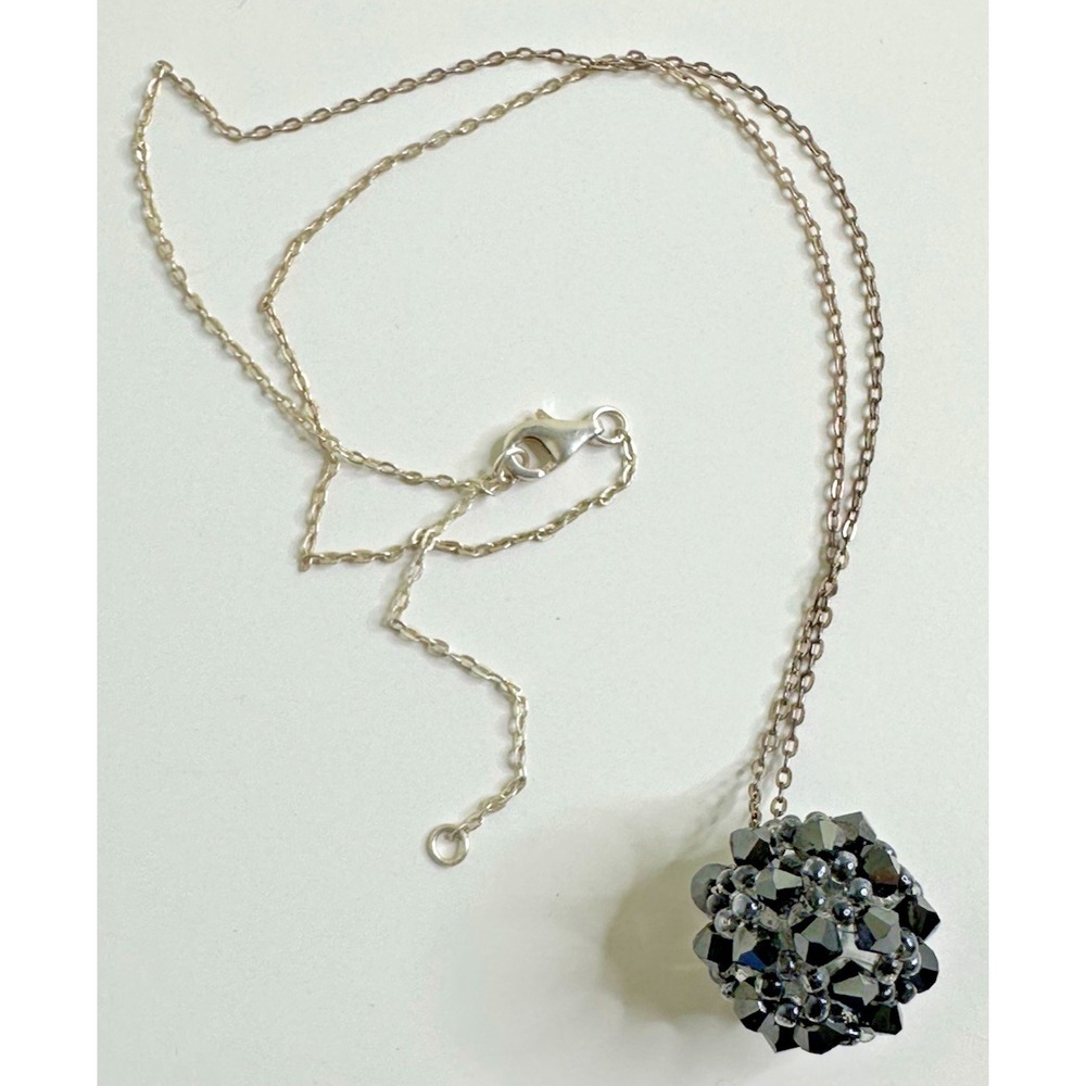 Sterling Silver Necklace Cluster Ball Charm Grey Shiny 16 in adjustable Chain 92
